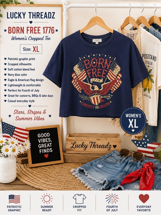 Tops - Lucky Threadz "Born Free 1776" Navy Cropped Tee - XL
